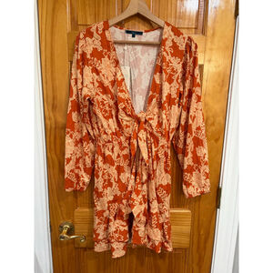 Shore NWT Orange Floral Tie Front Long Sleeve Boho Resort Mini Dress Size M